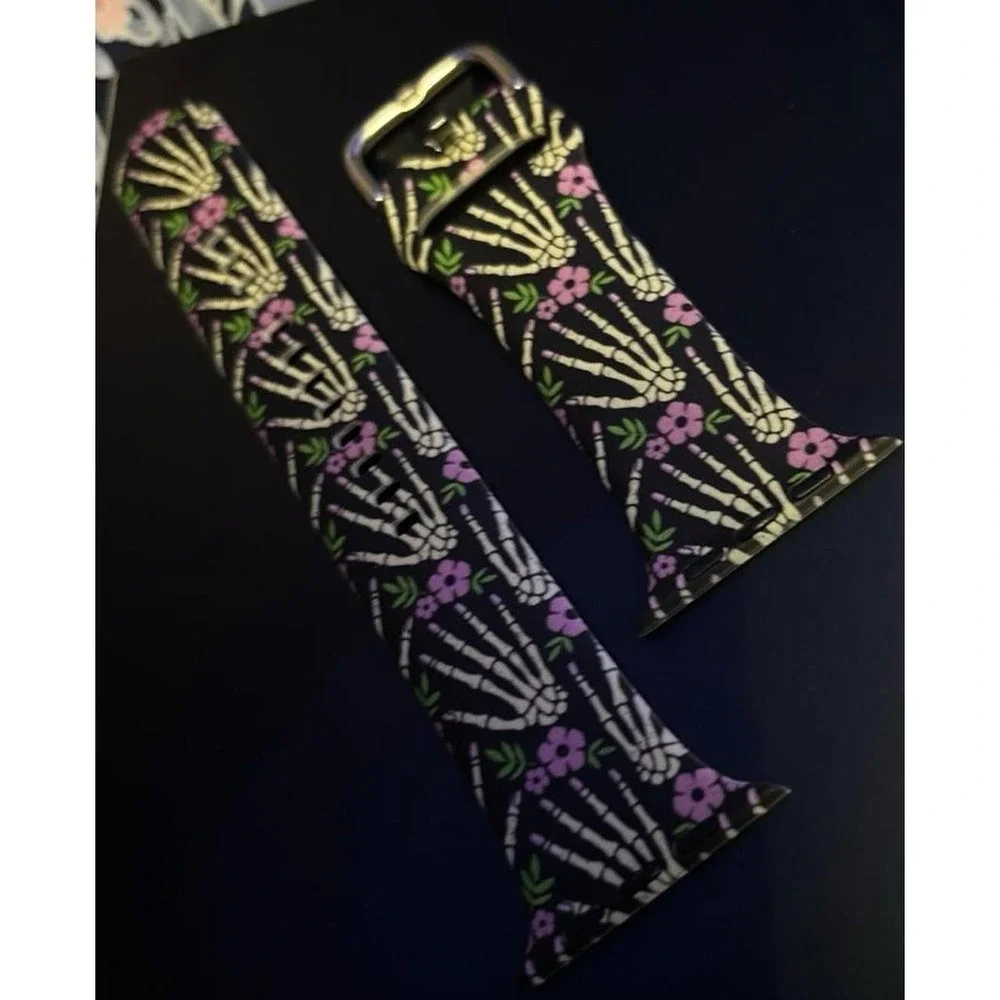 NEW Black Silicone Skull Hand Floral Buckle Band, Apple Watch 42mm/44mm/45mm